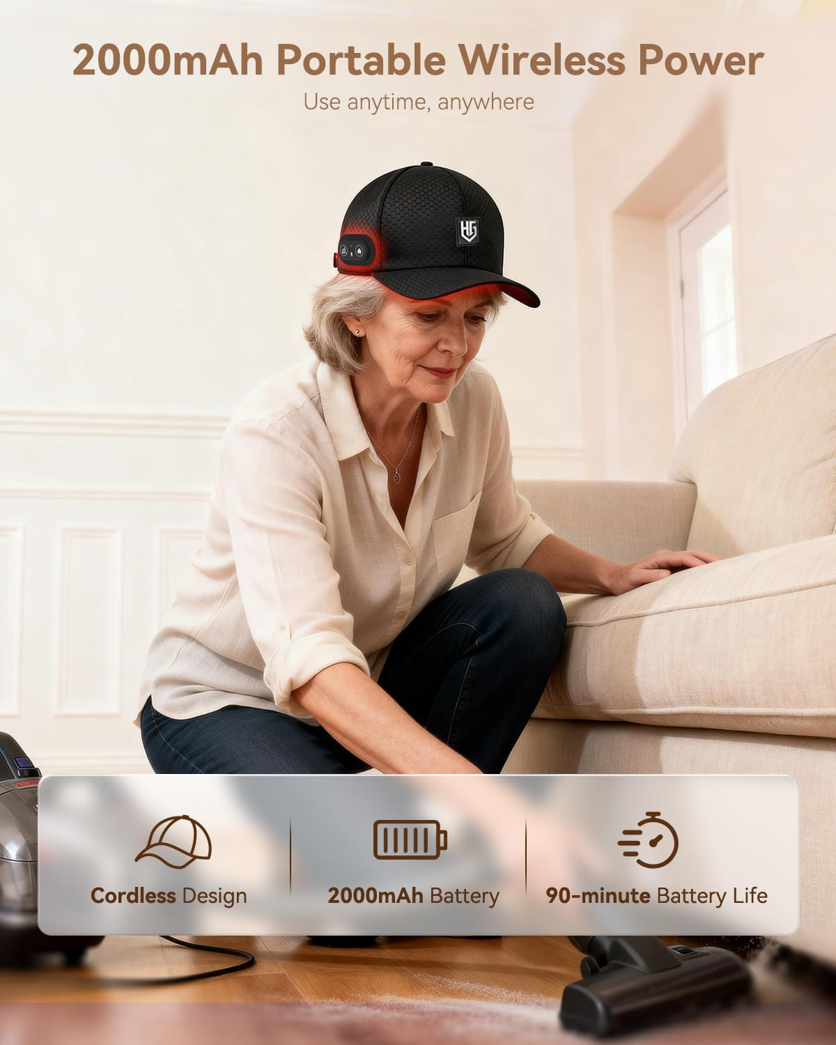 Cordless Red Light Cap, Rechargeable Baseball Hat with 660Nm Red & 850Nm near Infrared Light, 2000Mah Battery, Comfortable Fit, Ideal Gift for Men & Women