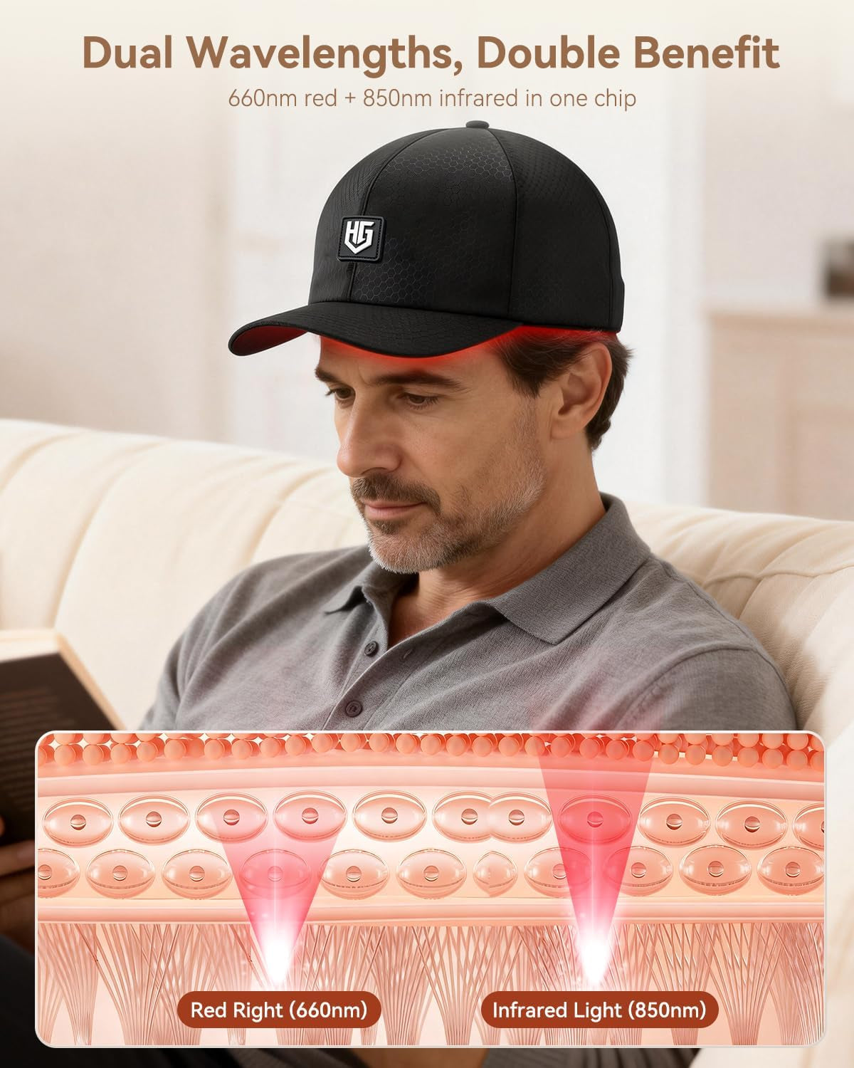 Cordless Red Light Cap, Rechargeable Baseball Hat with 660Nm Red & 850Nm near Infrared Light, 2000Mah Battery, Comfortable Fit, Ideal Gift for Men & Women