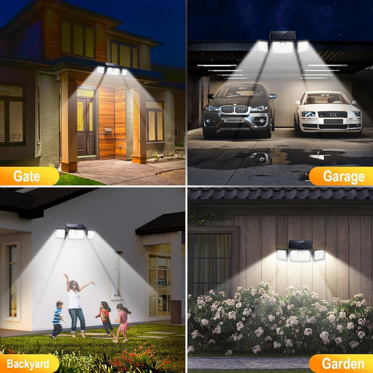 Solar Flood Lights Outdoor, 2500LM Motion Sensor Security Lights with 270° Wide Angle, IP65 Waterproof, 3 Heads Solar Outdoor Lights for Patio, Yard, House, Garage (Non-Remote, 2 Pack)