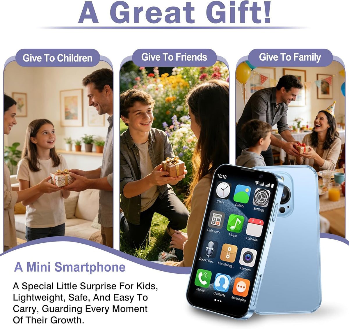 Mini Intelligent Unlocking Phone 3-Inch High-Definition Touch Screen 3G Android Dual Card Dual Standby Face ID Small Smartphone Suitable for Students and Children (2GB+16GB) (Blue)