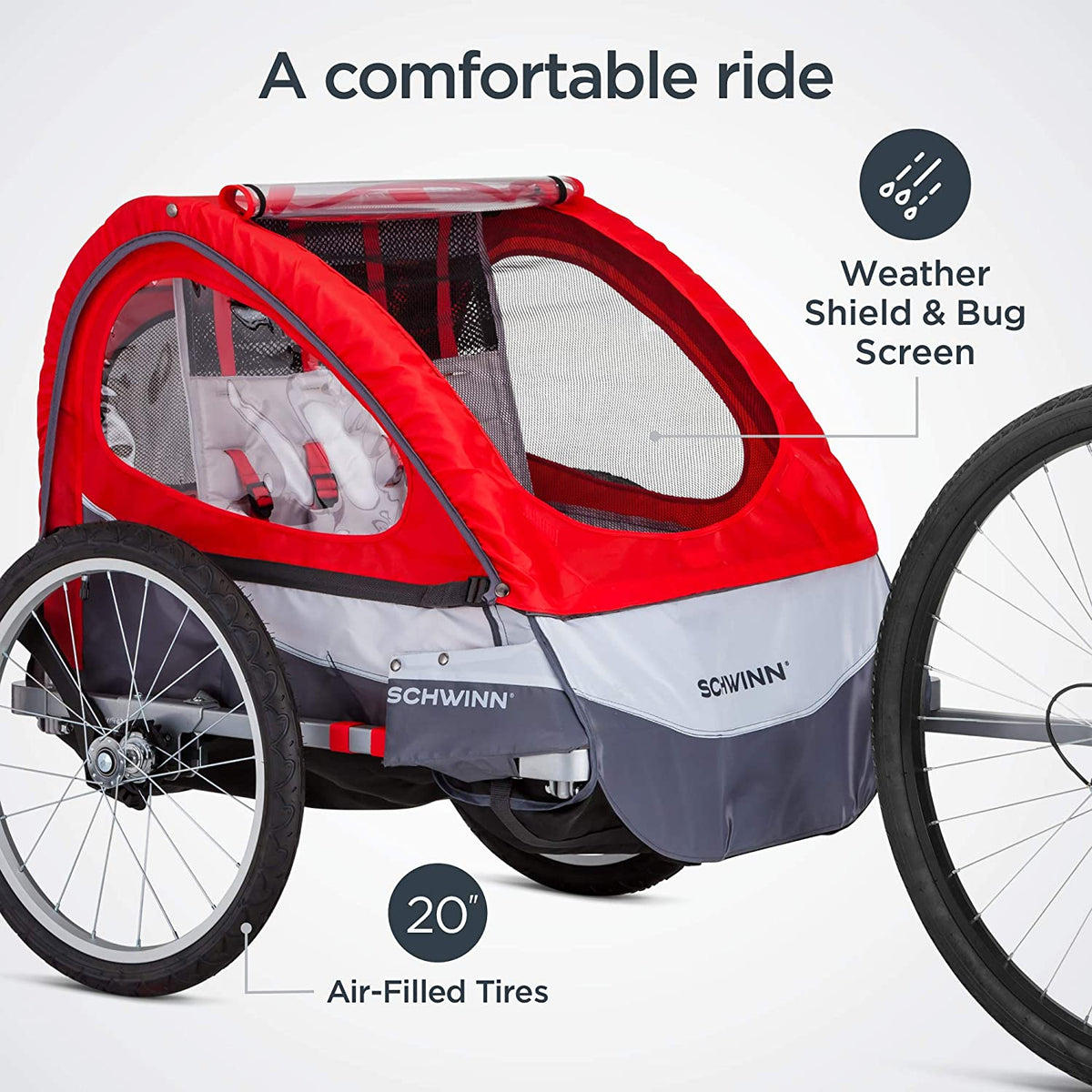 Trailblazer Double Child Bike Trailer, Max of 2 Children with Total Weight of 80 Lbs., Canopy, 20-Inch Air-Filled Tires, Red